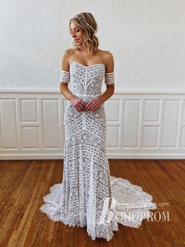 Fashion Boho Lace Sweetheart Neckline Sweep Train Sheath Wedding Dresses WD664