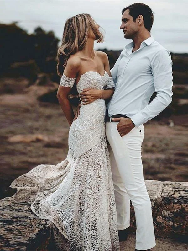 Wedding dresses with fitted designs for a sleek silhouette-Fashionable Lace Sweetheart Neckline Chapel Train Mermaid Wedding Dresses WD121 Wedding dresses with fitted designs for a sleek silhouette-Fashionable Lace Sweetheart Neckline Chapel Train Mermaid Wedding Dresses WD121