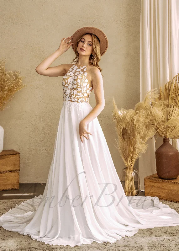 Bridal wedding dresses with luxurious fabrics-Floral A Line Chiffon Wedding Dress with Illusion Design and Open Back Bridal wedding dresses with luxurious fabrics-Floral A Line Chiffon Wedding Dress with Illusion Design and Open Back
