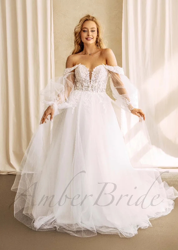 Boho wedding dresses for a relaxed vibe-Floral A Line Off Shoulder Wedding Dress with Detachable Puffy Sleeve Boho wedding dresses for a relaxed vibe-Floral A Line Off Shoulder Wedding Dress with Detachable Puffy Sleeve