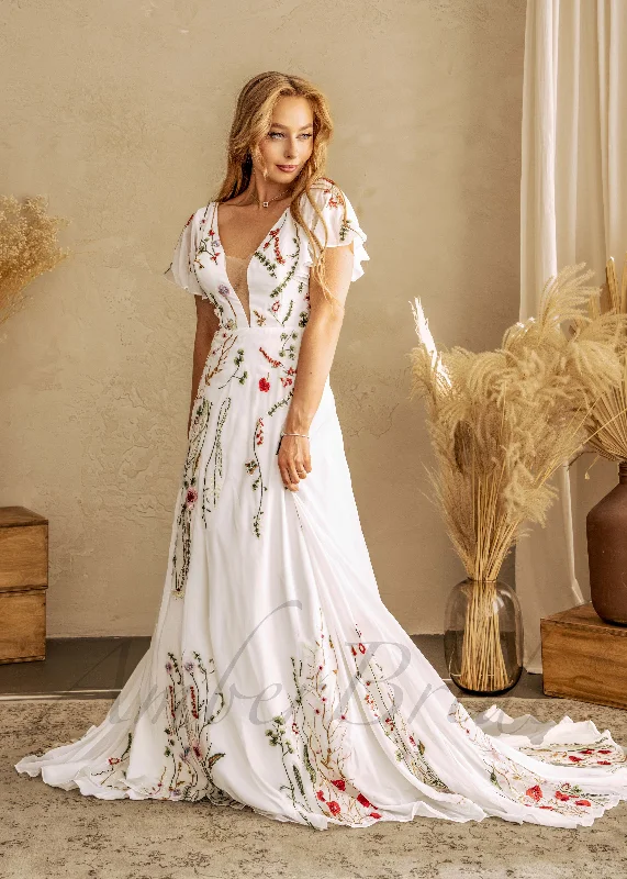 Should you go for a ball gown or A-line wedding dress-Floral A Line Wedding Dress with Flutter Sleeve and Open Back