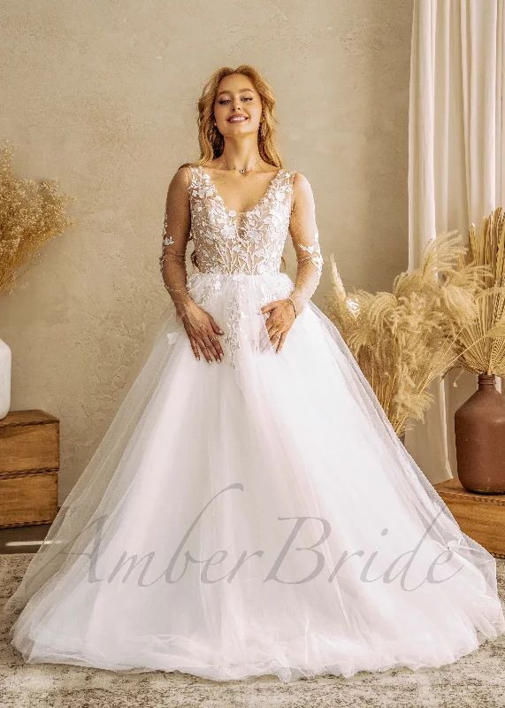 Wedding dresses with floral lace for a feminine touch-Floral Ball Gown Wedding Dress with Long Illusion Sleeve and Tulle Skirt Wedding dresses with floral lace for a feminine touch-Floral Ball Gown Wedding Dress with Long Illusion Sleeve and Tulle Skirt