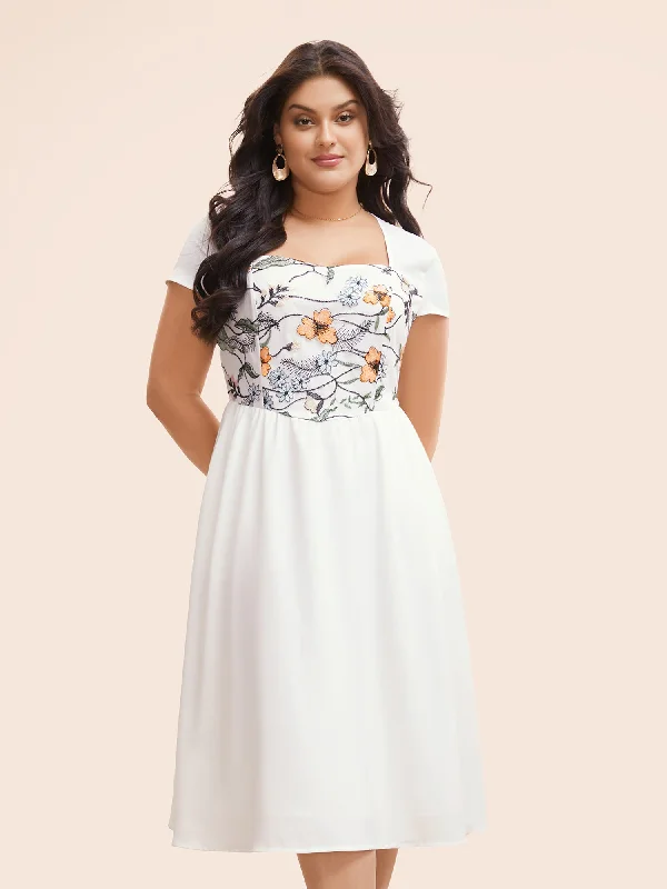 Wedding dresses for brides looking for a minimalist style-Floral Embroidered Heart Neckline Midi Dress Wedding dresses for brides looking for a minimalist style-Floral Embroidered Heart Neckline Midi Dress