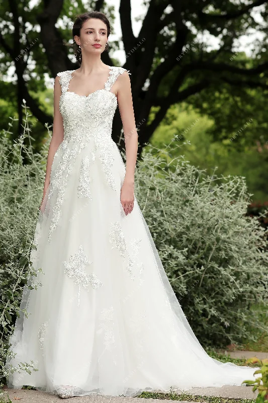 Princess Floral Lace Straps Modest A-line Wedding Dress