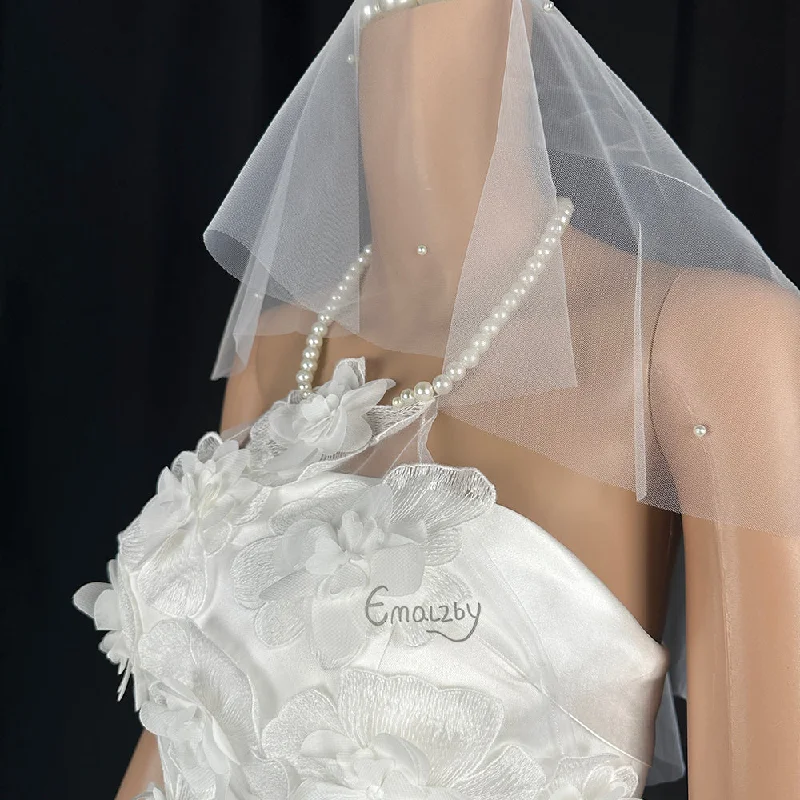 floral pearl straps bridal wedding dress topper, sheer tulle bridal dress cover up BYRDWP53
