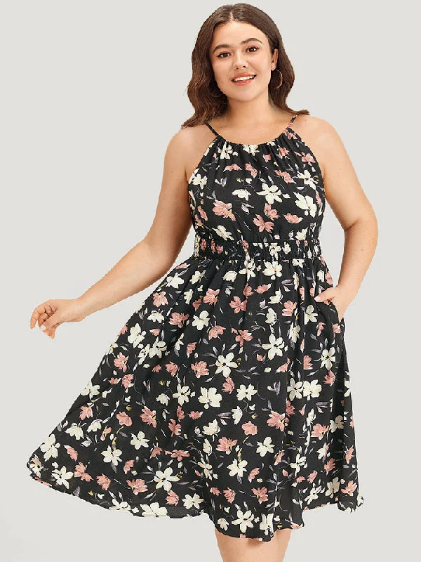 How to make your wedding dress unique to you-Floral Print Halter Shirred Pocket Ruffle Hem Dress How to make your wedding dress unique to you-Floral Print Halter Shirred Pocket Ruffle Hem Dress