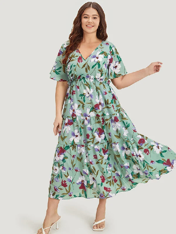 Wedding dresses with low backs for a daring look-Floral Print Pocket Frill Trim Ruffle Layered Hem Dress Wedding dresses with low backs for a daring look-Floral Print Pocket Frill Trim Ruffle Layered Hem Dress