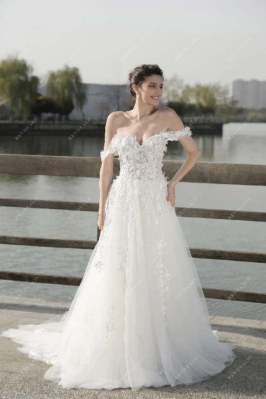 Flower Off Shoulder Lace Destination A-line Wedding Dress