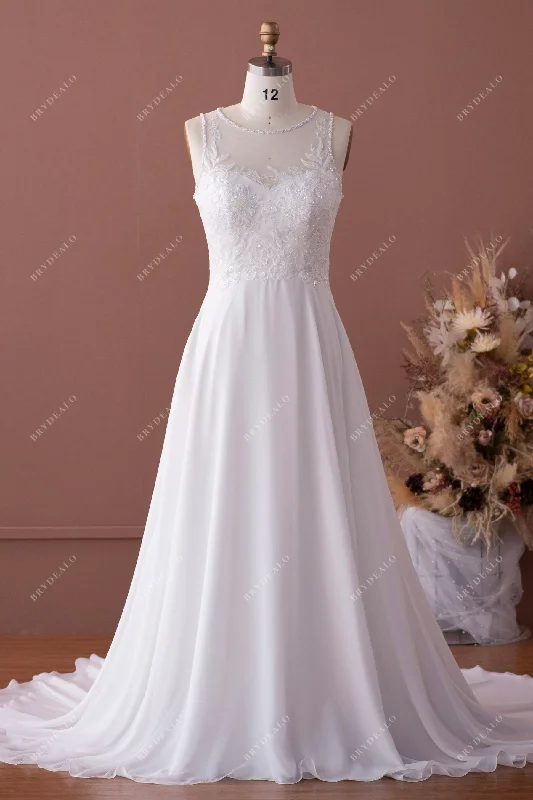 Flowing Chiffon Spring Bridal Gown with Beaded Illusion Neckline