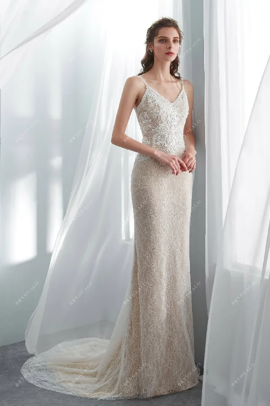Geometric Lace Champagne Sweep Train Bridal Gown