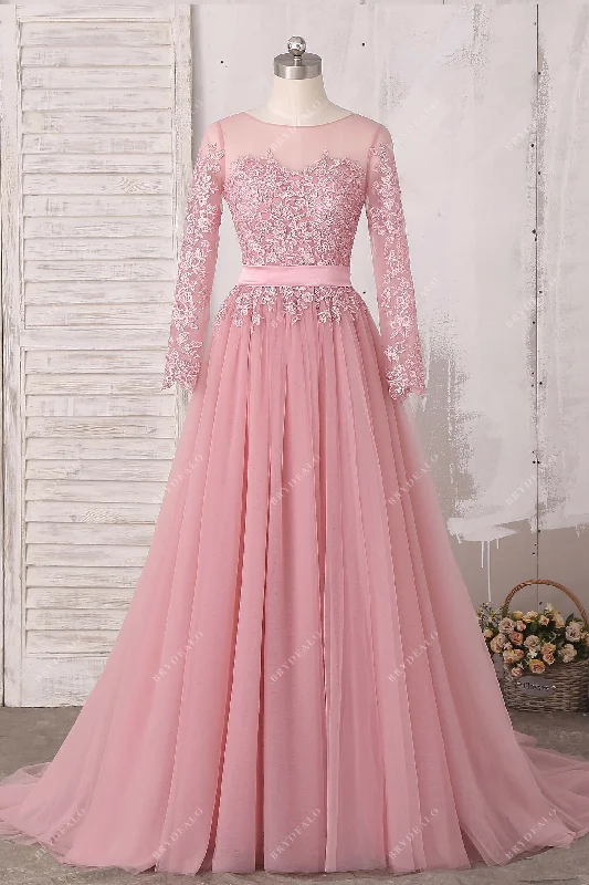 Dusty Pink Tulle Lace Appliques Bridal Gown