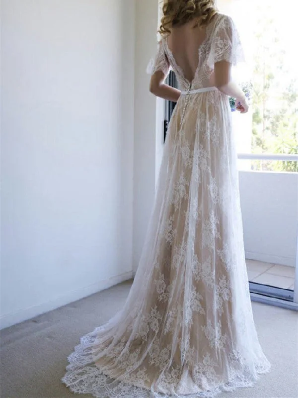 Simple wedding dresses for minimalist brides-Glamorous Lace V-neck Neckline Short Sleeves A-line Wedding Dresses WD171 Simple wedding dresses for minimalist brides-Glamorous Lace V-neck Neckline Short Sleeves A-line Wedding Dresses WD171