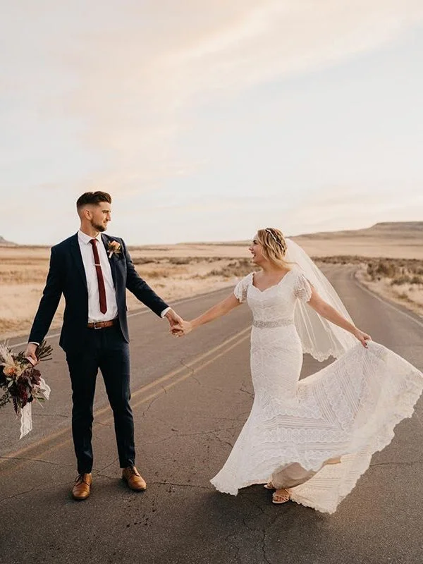 Wedding dresses for brides with short hair-Glamorous Mermaid Lace Short Sleeves Wedding Dresses WD342 Wedding dresses for brides with short hair-Glamorous Mermaid Lace Short Sleeves Wedding Dresses WD342