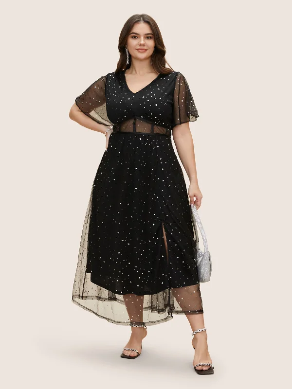 Affordable wedding dresses with full skirts-Glitter Star Mesh Patchwork Split Hem Dress Affordable wedding dresses with full skirts-Glitter Star Mesh Patchwork Split Hem Dress
