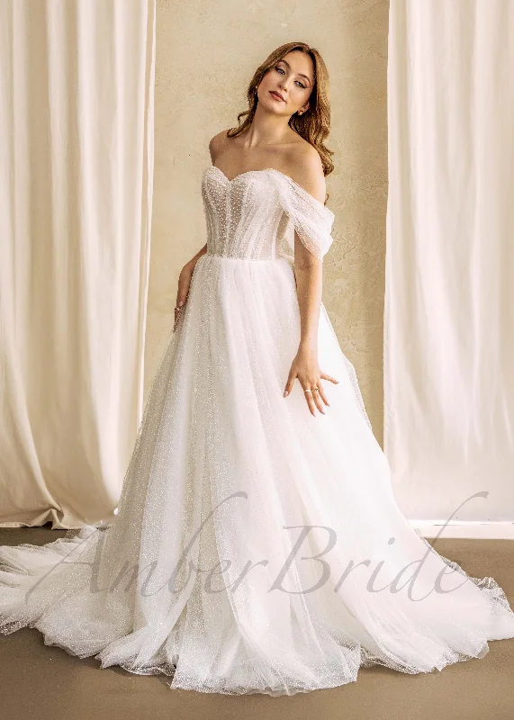 Wedding dresses for a beach or seaside wedding-Glittery A-Line Wedding Dress with Off-Shoulder Sweetheart Neckline and Artificial Pearls Wedding dresses for a beach or seaside wedding-Glittery A-Line Wedding Dress with Off-Shoulder Sweetheart Neckline and Artificial Pearls