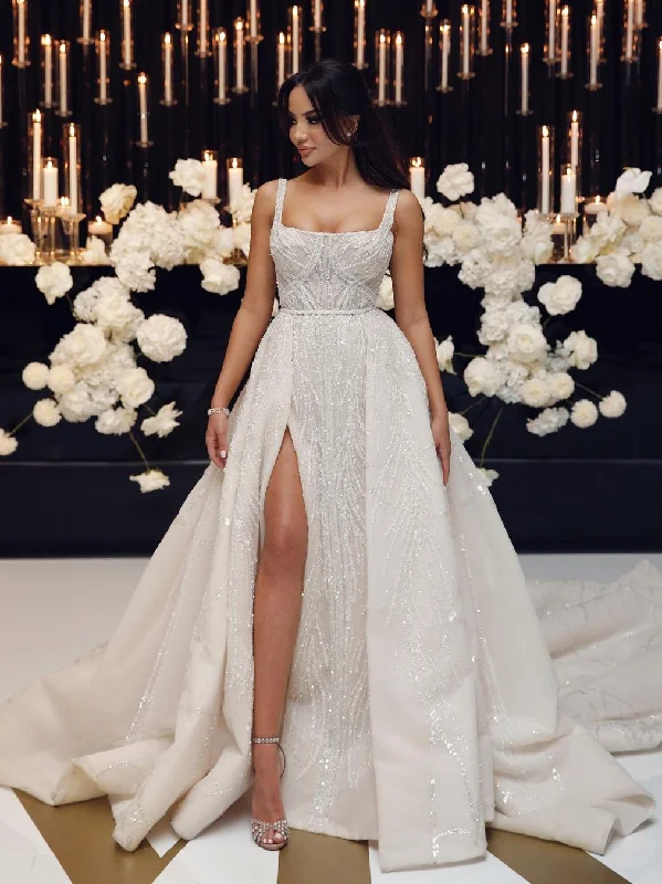 Wedding dresses with detachable skirts for versatility-Gorgeous Beaded Lace Spaghetti Straps A-line Chapel Train Wedding Dresses WD562 Wedding dresses with detachable skirts for versatility-Gorgeous Beaded Lace Spaghetti Straps A-line Chapel Train Wedding Dresses WD562
