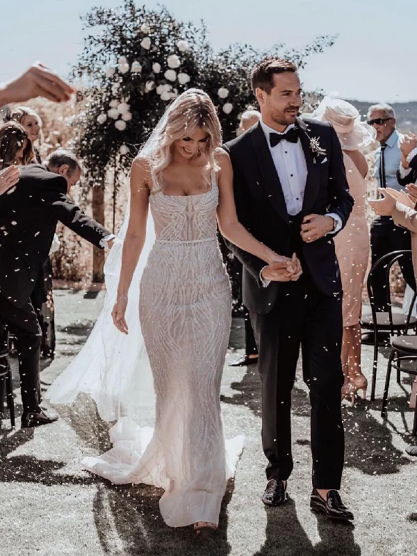 Gorgeous Beaded Lace Spaghetti Straps Mermaid Chapel Train Wedding Dresses WD559