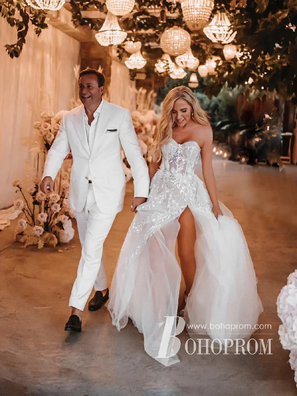 Gorgeous Shiny Appliques Sweetheart A-line Chapel Train Wedding Dresses With Split WD668