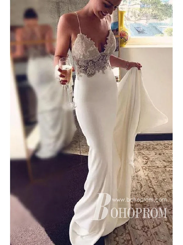 Gorgeous Spaghetti Straps Appliques Wedding Dresses Mermaid Satin Bridal Gowns WD641
