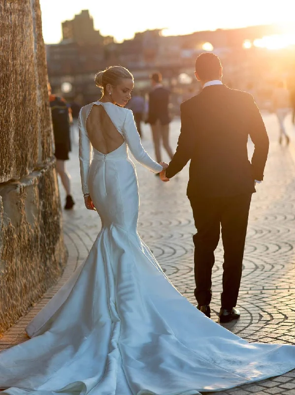 Grace Satin Long Sleeves Chapel Train Backless Mermaid Wedding Dress WD581