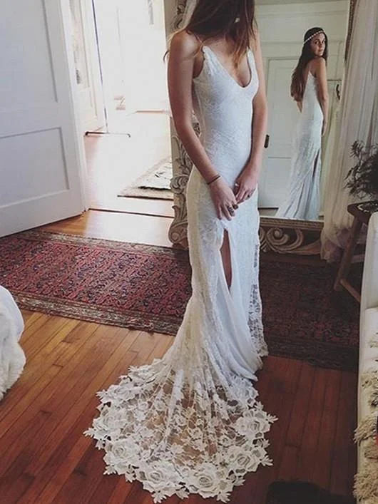 Wedding dresses for brides who want a fairytale look-Graceful Lace Spaghetti Straps Neckline Sheath Wedding Dress WD068 Wedding dresses for brides who want a fairytale look-Graceful Lace Spaghetti Straps Neckline Sheath Wedding Dress WD068