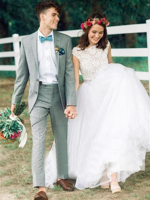 Graceful Tulle Bateau Neckline Cap Sleeves A-line Wedding Dresses With Beadings WD030