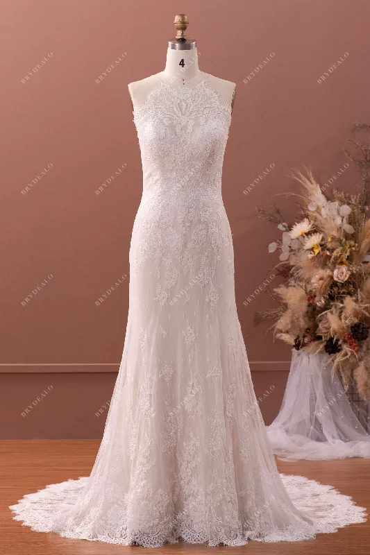 Vintage Halter Neck Designer Lace Mermaid Spring Fall Wedding Dress