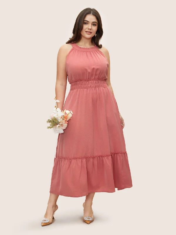 Wedding dresses with long trains for dramatic effect-Halter Neck Shirred Frill Trim Gathered Dress Wedding dresses with long trains for dramatic effect-Halter Neck Shirred Frill Trim Gathered Dress