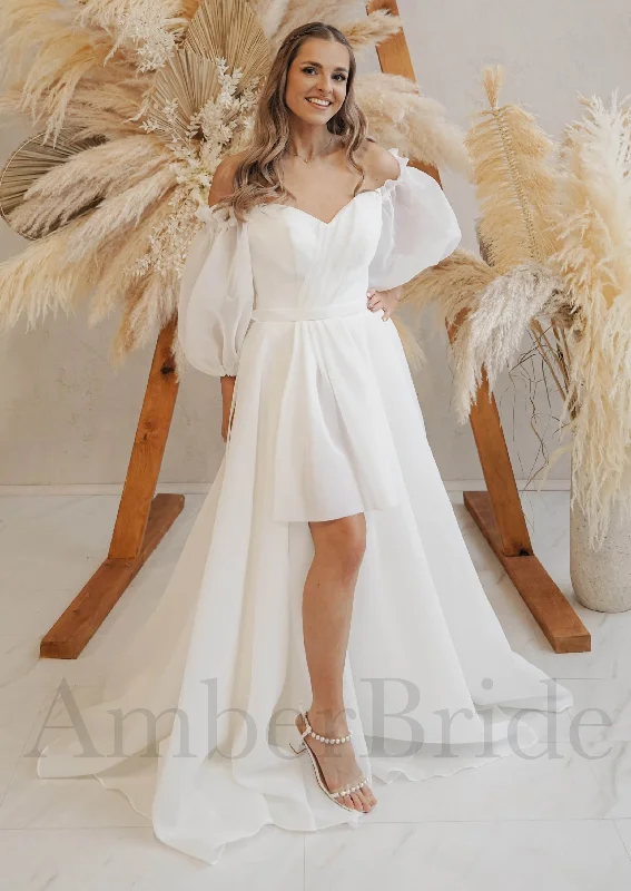 Wedding dresses with chiffon for a light, airy look-High Low Organza Wedding Dress with Off Shoulder Half Length Bishop Sleeves Wedding dresses with chiffon for a light, airy look-High Low Organza Wedding Dress with Off Shoulder Half Length Bishop Sleeves
