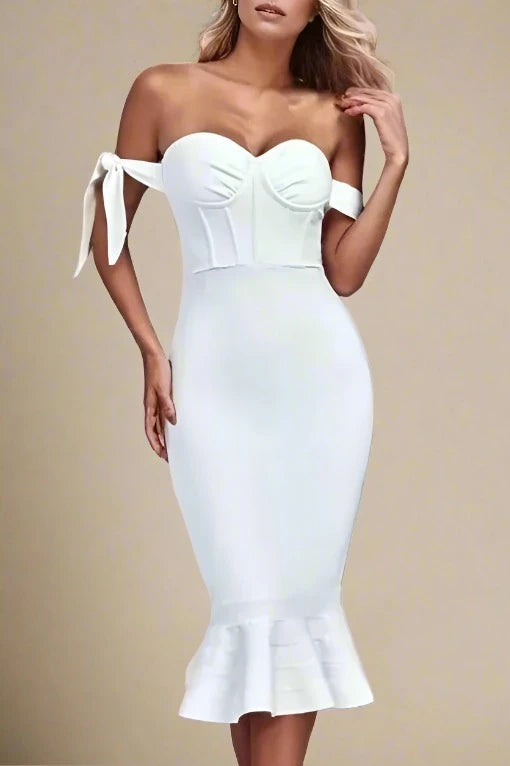 Romantic wedding dresses with long sleeves-Hunter Bandage Midi Dress - Pearl White