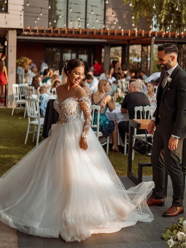 How to pick the right wedding dress neckline-Illusion A-line Wedding Dresses Tulle Long Sleeves Bridal Gowns WD318 How to pick the right wedding dress neckline-Illusion A-line Wedding Dresses Tulle Long Sleeves Bridal Gowns WD318