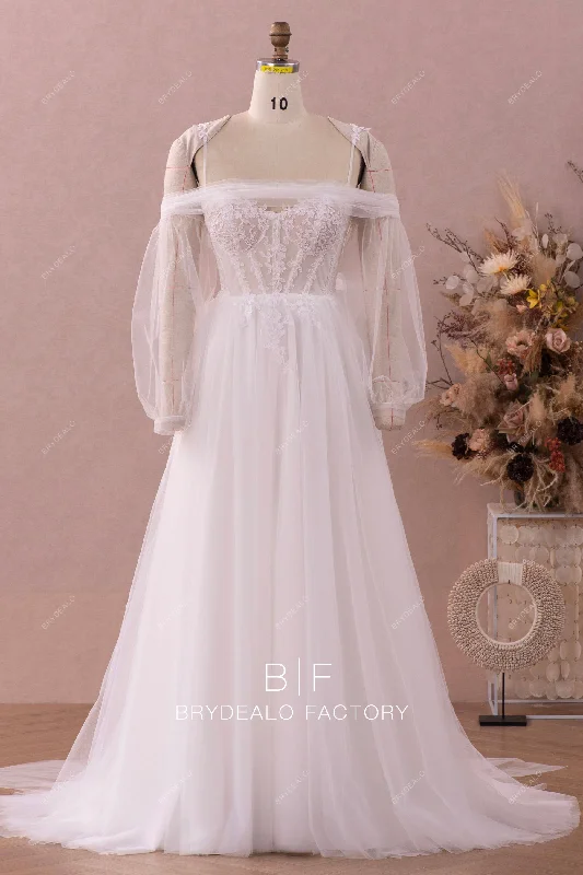 Illusion Corset Lace Tulle Detachable Sleeves Wedding Dress