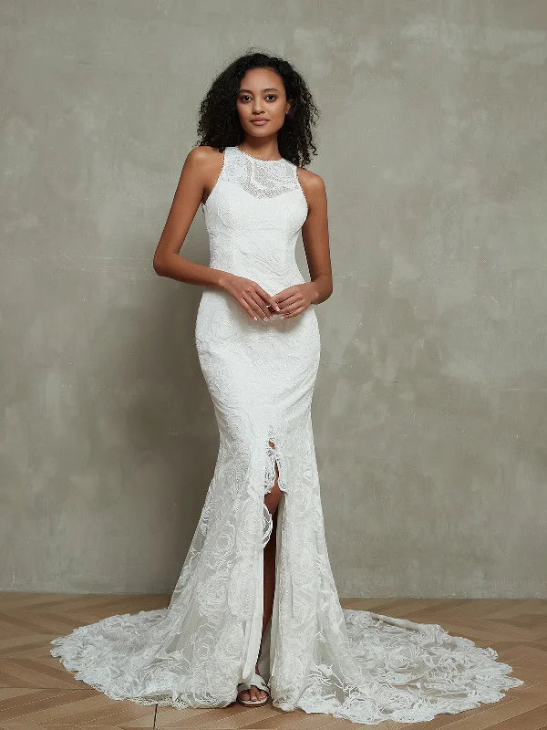 Best wedding dresses for a sophisticated bride-Illusion Neck Mermaid Lace Wedding Dresses with Slit-Ivory Best wedding dresses for a sophisticated bride-Illusion Neck Mermaid Lace Wedding Dresses with Slit-Ivory