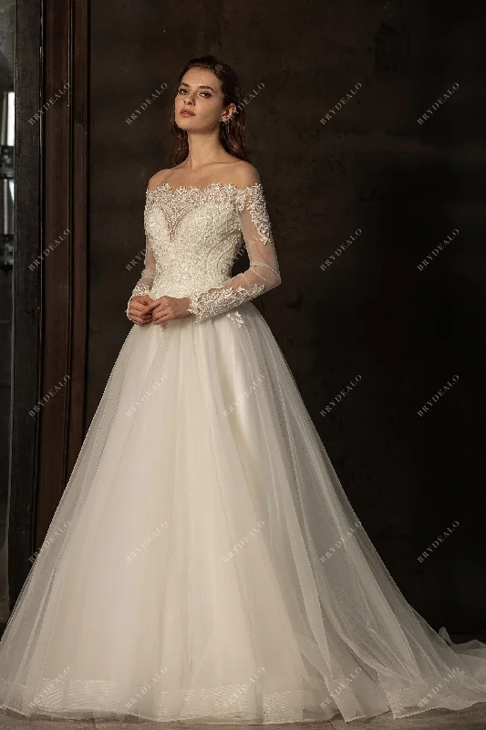 Off Shoulder Sleeved Regal Geometric Lace Wedding Gown