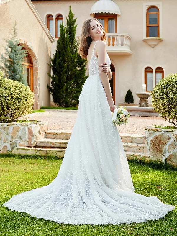 Wedding dresses for romantic outdoor weddings-Lace Bodice Backless Chapel Train Wedding Dress Ivory Wedding dresses for romantic outdoor weddings-Lace Bodice Backless Chapel Train Wedding Dress Ivory