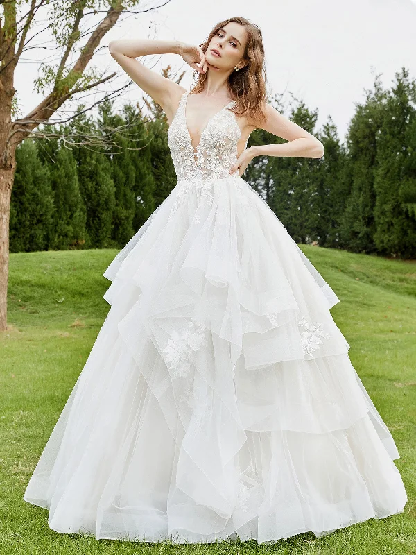 Wedding dresses for a rustic outdoor wedding-Lace Bodice Plunging V-neck Sleeveless Ruffles Wedding Dress Ivory Wedding dresses for a rustic outdoor wedding-Lace Bodice Plunging V-neck Sleeveless Ruffles Wedding Dress Ivory