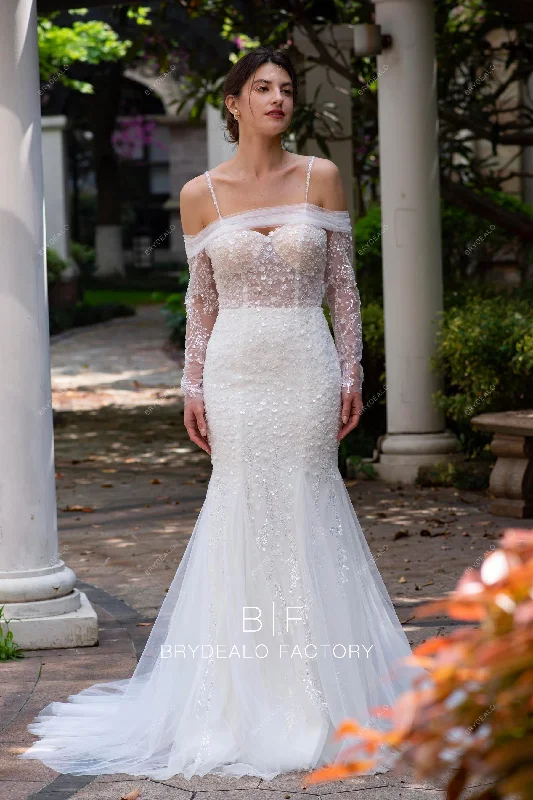Designer Lace Mermaid Off Shoulder Thin Straps Fall Wedding Dress