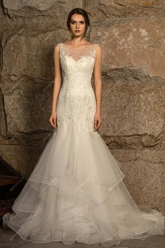 Lace Sleeveless Ruffled Train Mermaid Bridal Gown