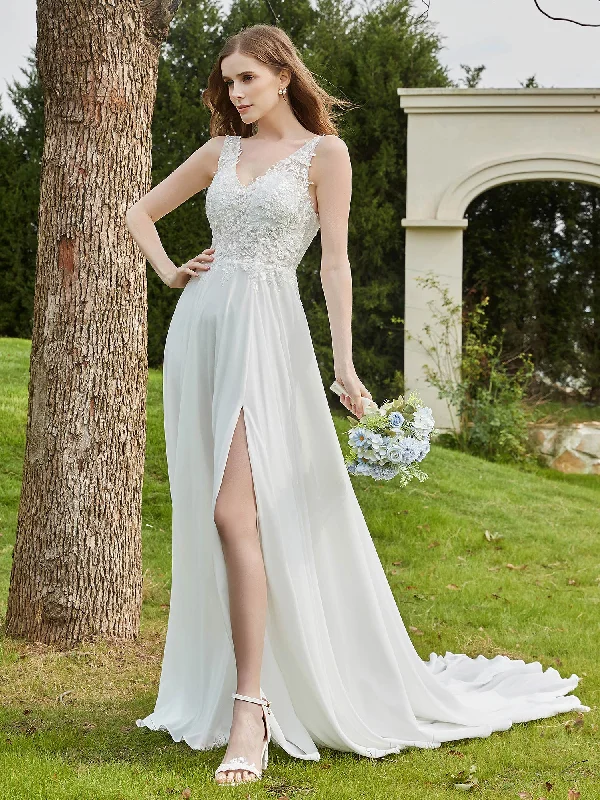 How to add your personal touch to your wedding dress-Lace V-neck Chiffon Wedding Dress With Slit Ivory How to add your personal touch to your wedding dress-Lace V-neck Chiffon Wedding Dress With Slit Ivory