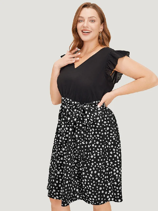 Wedding dresses with simple silhouettes for an understated style-Leopard Patchwork Pocket Belt Ruffle Dress Wedding dresses with simple silhouettes for an understated style-Leopard Patchwork Pocket Belt Ruffle Dress