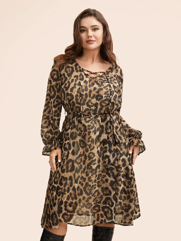 Wedding dresses with wrap-around designs for a slimming effect-Leopard Print Lace Up Lantern Sleeve Dress Wedding dresses with wrap-around designs for a slimming effect-Leopard Print Lace Up Lantern Sleeve Dress