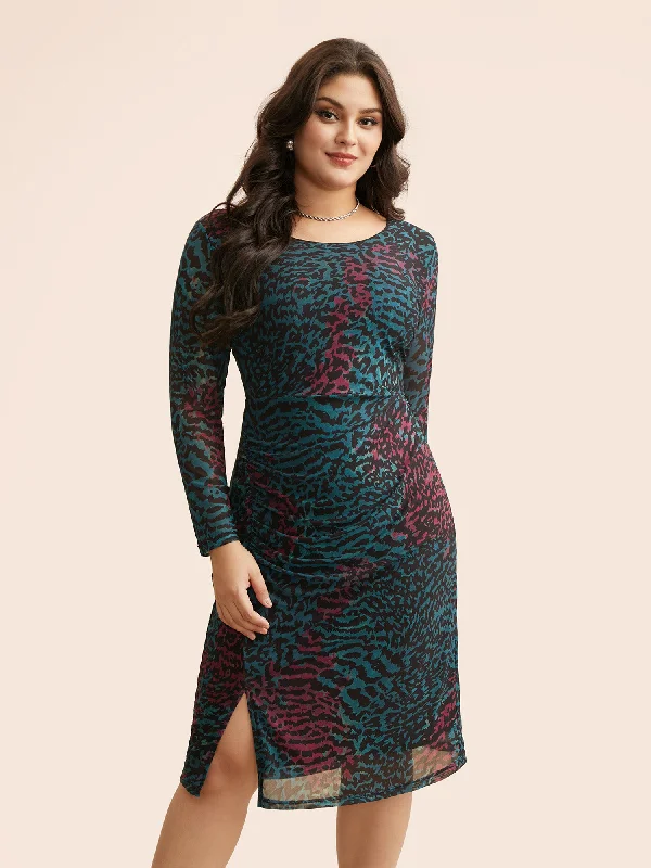 Wedding dresses for a traditional church wedding-Leopard Print Ruched Split Hem Dress