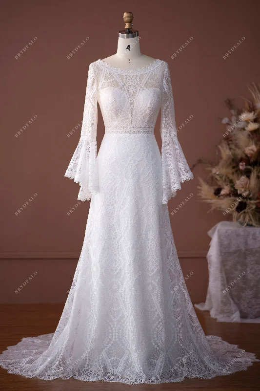 Long Bell Sleeves Bohemian Lace Wedding Dress