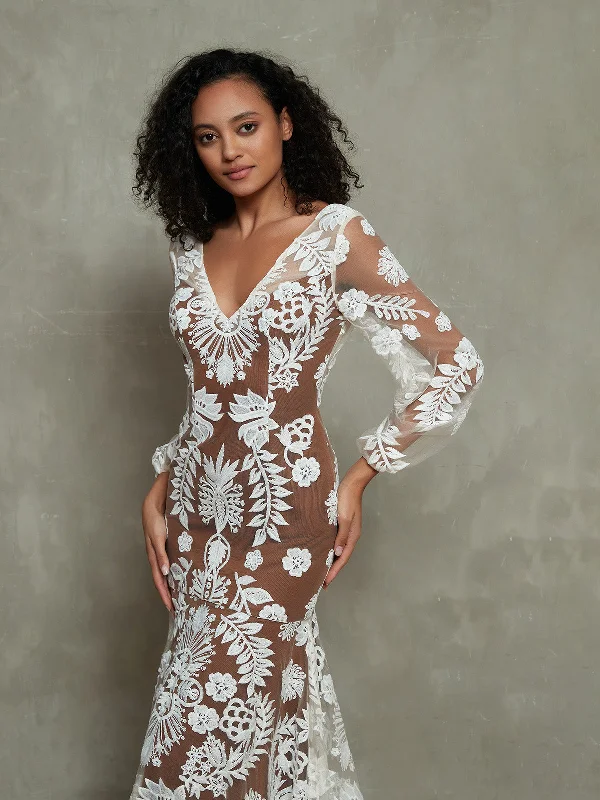 Wedding dresses with tulle or organza skirts for volume-Long Sleeves Ivory Lace Deep Nude Lining Boho Dresses-As Picture Wedding dresses with tulle or organza skirts for volume-Long Sleeves Ivory Lace Deep Nude Lining Boho Dresses-As Picture
