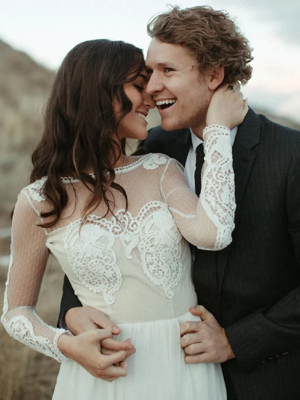 Wedding dresses with long sleeves for a sophisticated style-Long Sleeves Lace Illusion Backless Wedding Dresses A-line Chiffon Bridal Gowns WD356 Wedding dresses with long sleeves for a sophisticated style-Long Sleeves Lace Illusion Backless Wedding Dresses A-line Chiffon Bridal Gowns WD356
