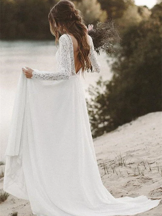 Wedding dresses with embroidered lace for a delicate touch-Long Sleeves Lace Wedding Dresses A-line Chiffon Bridal Gowns WD330 Wedding dresses with embroidered lace for a delicate touch-Long Sleeves Lace Wedding Dresses A-line Chiffon Bridal Gowns WD330