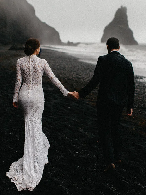 Long Sleeves Mermaid Wedding Dresses Lace Bridal Gowns WD321