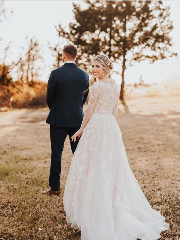 Best wedding dresses for curvy brides-Marvelous A-Line Lace V-Neck Longsleeves Wedding Dresses Appliqued Tulle Bridal Gowns WD406 Best wedding dresses for curvy brides-Marvelous A-Line Lace V-Neck Longsleeves Wedding Dresses Appliqued Tulle Bridal Gowns WD406