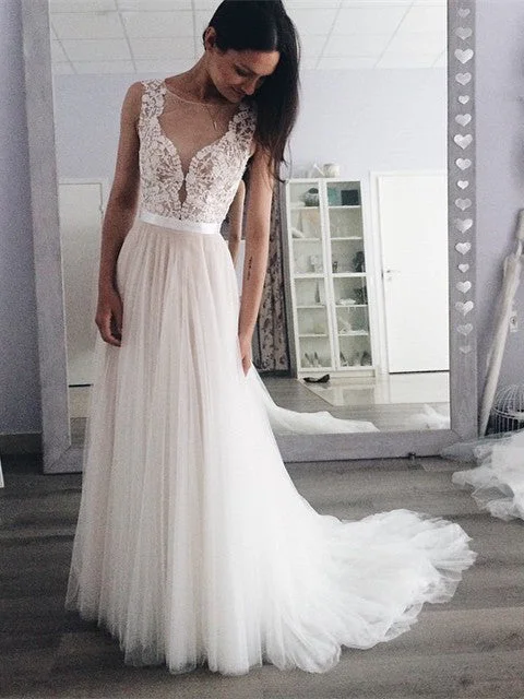 Marvelous Tulle  A-line Illusion Appliques Wedding Dresses WD211