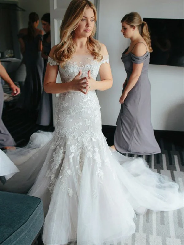 Wedding dresses with dramatic trains for a grand look-Marvelous Tulle Mermaid Wedding Dresses With Appliques WD266 Wedding dresses with dramatic trains for a grand look-Marvelous Tulle Mermaid Wedding Dresses With Appliques WD266